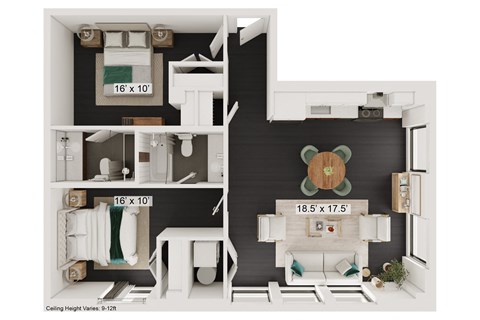Floor plan for 2 beds, 2 baths, 858 sqft